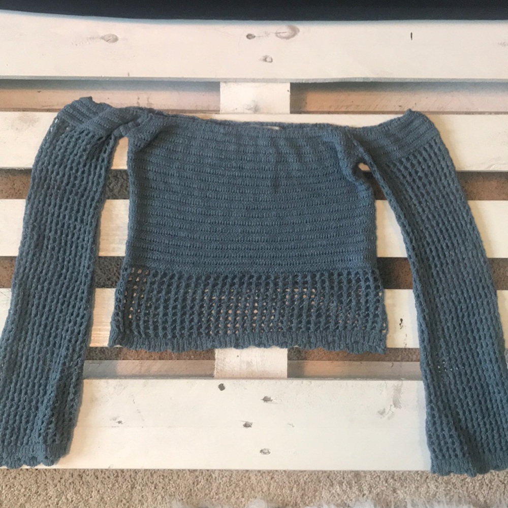 Blue Knit Off-the-Shoulder Long Sleeve